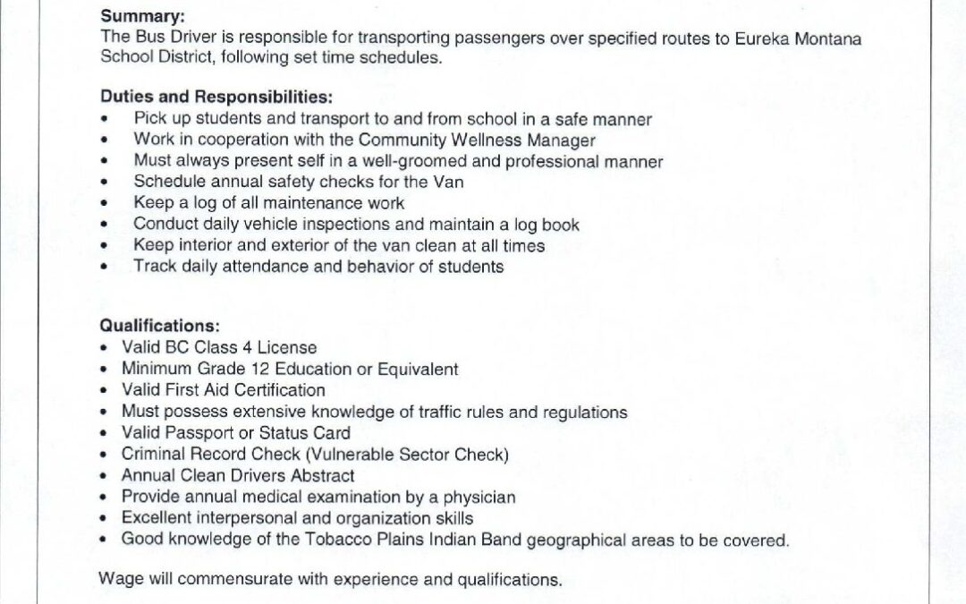 bus driver position Tobacco Plains Indian Band