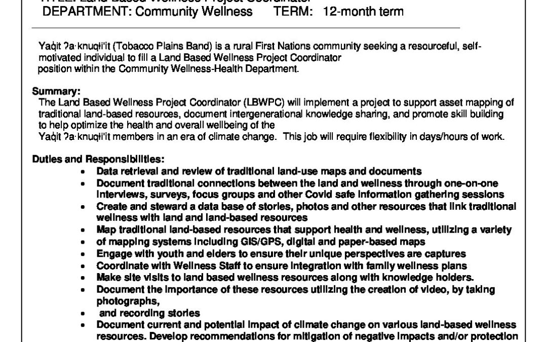 Land Based Wellness Project Coordinator Tobacco Plains Indian Band